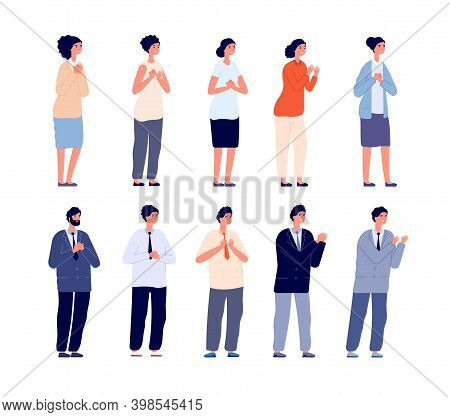 People Clapping. Thankful Business Man, Smiling Women Clap And Support. Isolated Office Team Applaud