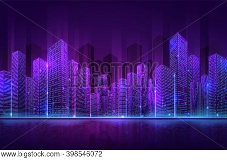 Futuristic City Building. High Neon Cityscape, Abstract Night Downtown Panorama. Digital Smart Town,