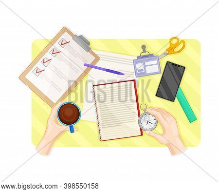 Human Hands Working With Document At Desk Arranging Time Management With Notepad And Lipboard With C