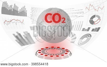 Co2 Air Pollution Planet Earth. Growing Graph Of Damage Climatic Problem. Ecology Environment Danger