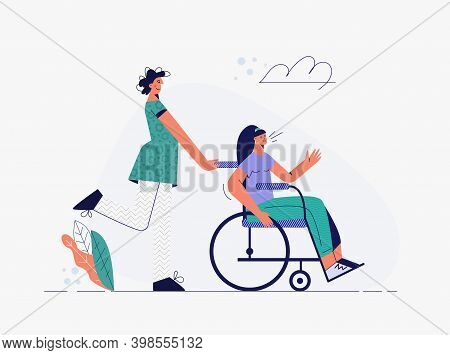 Care And Support Disabled People Concept Flat Vector Illustration
