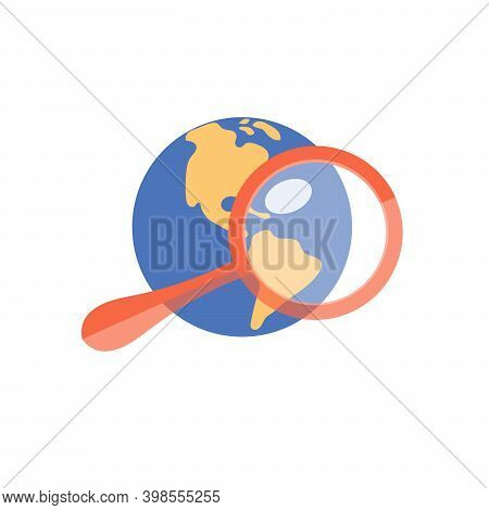 Planet Earth And Magnifying Glass Minimalistic Logo Flat Vector Illustration