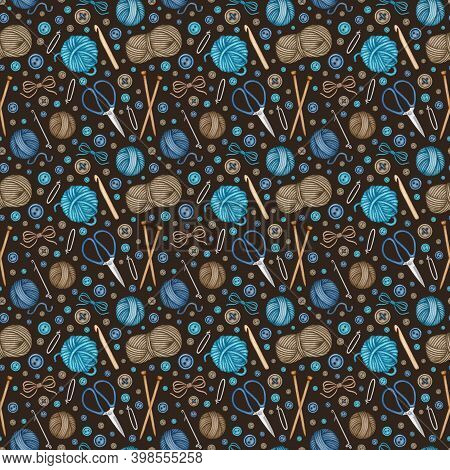 Watercolor Knitting And Crocheting Tools Seamless Pattern. Wool Yarn Skeins, Balls, Wooden Knitting 