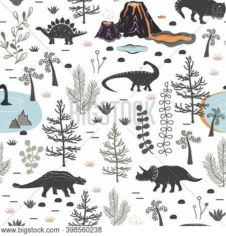 Vector Seamless Pattern With Cute Different Dinosaurs, Plants And Volcano. Cartoon Landscape Of Jura