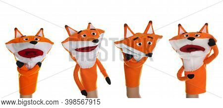 Puppet Show. Collage With Photos Of Fox Doll On Hand Against White Background, Banner Design