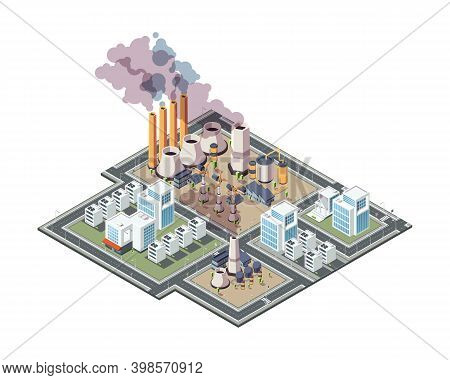 Industrial City. Urban Factory Pollution Air Garbage In City 3d Low Poly Isometric Buildings Vector.