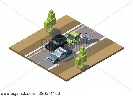 Road Accident Isometric. Car Damaged Emergency Help Traffic Accidents Injured Crash Vehicles Urban T