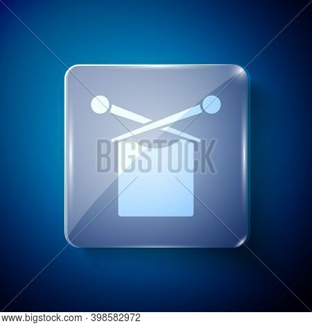 White Knitting Icon Isolated On Blue Background. Wool Emblem With Knitted Fabric And Needle. Label F