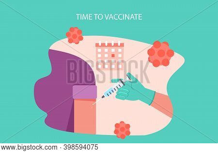 Doctor hand with syringe making vaccination of patient. Healthcare, hospital and medical diagnostics.  Vaccination concept illustration.Time to vaccinate. Get your flu shot. Vector illustration in flat style.