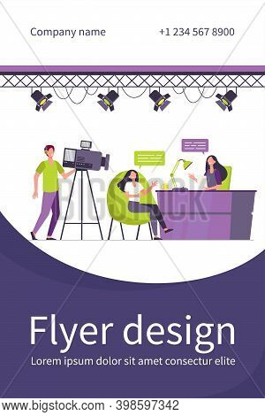 Videographers Shooting Interview In Tv Studio. News Host Talking To Tv Show Guest. Flat Vector Illus