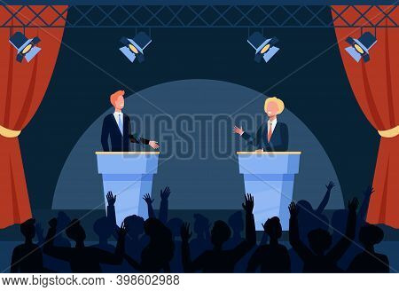 Two Politicians Taking Part In Political Debates In Front Of Audience Isolated Flat Vector Illustrat