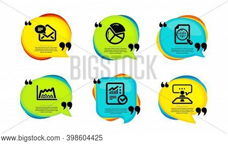 Trade Chart, Checked Calculation And Pie Chart Icons Simple Set. Speech Bubble With Quotes. New Mail