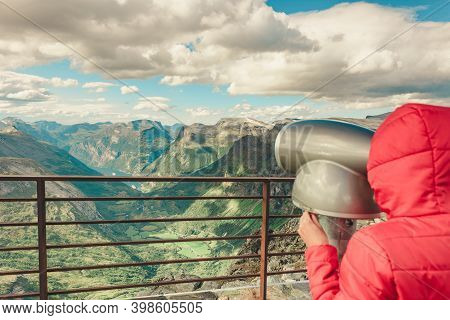 Tourism Vacation And Travel. Female Looking Through Sightseeing Binoculars Tourist Telescope, Overlo