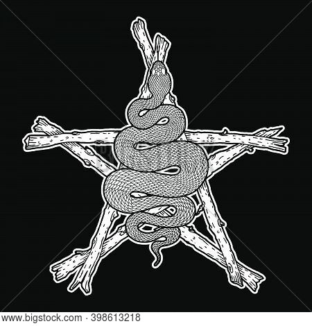 Coiled Snake Over Sticks Pentagram Detailed Illustration. Tribal Occult Serpent In White Isolated Ov