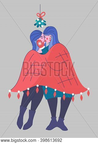 Lesbian Women Kiss Under Mistletoe, Wrapped Theirself Plaid. Festive Isolated Illustration. Lgbt Fam