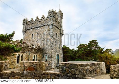 Glenveagh Castle, Donegal In Northern Ireland. Beautiful Park And Garden In Glenveagh National Park,