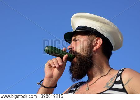 Funny Captain Sailor Wearing Hat. Seaman Fun. Portrait Of Serious Funny Captain. Bearded Sailor, Sea
