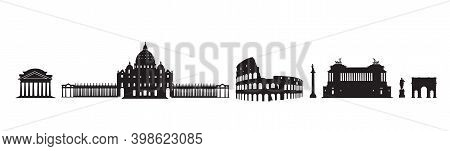 Rome Travel Architectural Landark Set. Italian Famous Places. Building Silhouette Icons.
