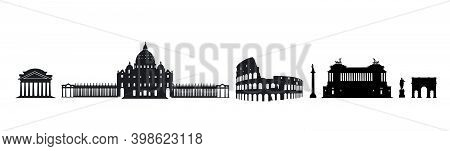 Rome Travel Architectural Landark Set. Italian Famous Places. Building Silhouette Icons.