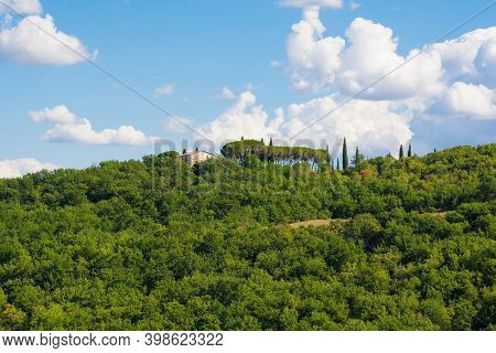 Bagno Vignoni, Italy - September 3rd 2020. The late summer landscape around Bagno Vignoni in in Val d\'Orcia, Siena Province, Tuscany, Italy