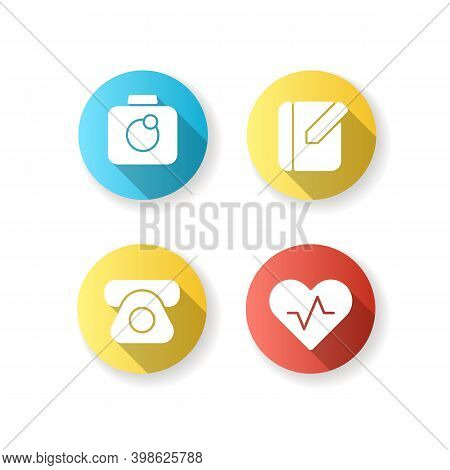Mobile Interface Flat Design Long Shadow Glyph Icons Set. Camera. Notebook. Phone Book. Taking Photo