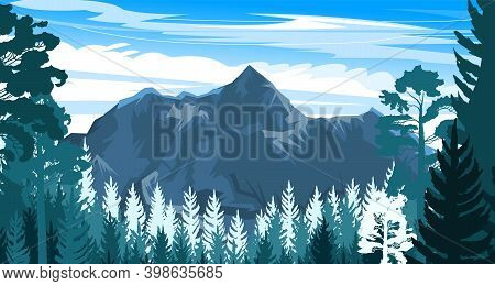 Mountain Landscape. View Of The Mountains And The Lake Through The Coniferous Forest, Taiga. Silhoue