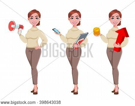 Stock Vector. Young Beautiful Business Woman With Loudspeaker, With Smartphone And With Bitcoins. Pr