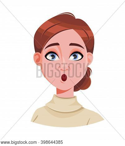 Stock Vector. Face Expression Of Beautiful Brown Haired Woman, Surprised. Female Emotion. Cute Carto