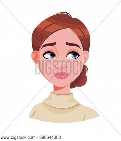 Stock Vector. Face Expression Of Brown Haired Woman, Disappointed. Female Emotion. Cute Cartoon Char