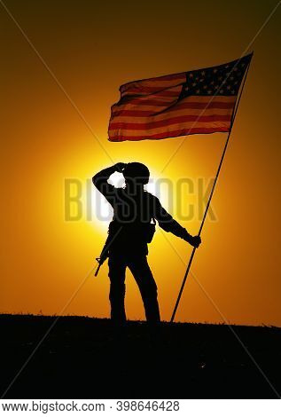 Silhouette Of Us Army Soldier, Marines Corps Fighter Or Special Forces Rifleman In Helmet, Armed Rif