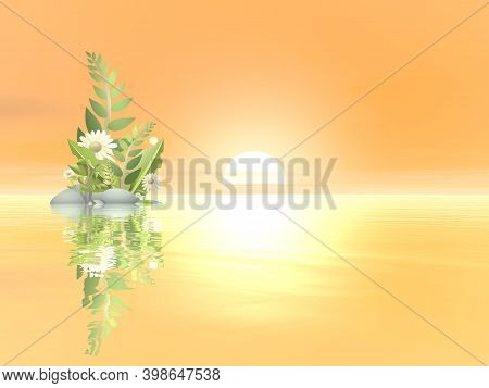 Peaceful Plant And Flower Voer Water By Orange Sunset - 3d Render