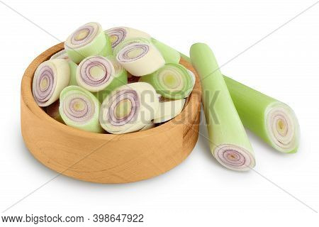 Fresh Lemongrass Slices In Wooden Bowl Isolated On White Background With Clipping Path And Full Dept