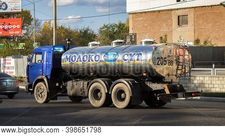 Kazakhstan, Ust-kamenogorsk - 4 October, 2020. Liquid Storage Tank Car For The Milk. Truck Kamaz  On