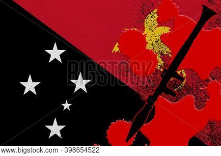 Papua New Guinea Flag And Black Rpg-7 Rocket-propelled Grenade Launcher In Red Blood. Concept For Te