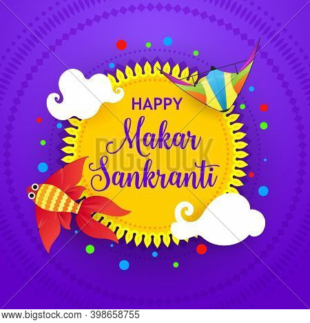 Happy Makar Sankranti Festival Banner, Indian Maghi Greeting Card Design With Colorful Kites And Sun