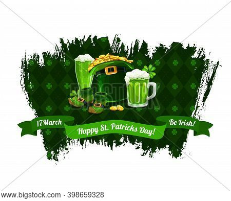 St. Patrick Day Cartoon Vector Poster With Shamrocks, Gold Coins In Top Hat, Pint Of Ireland Beer Or