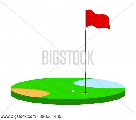 Golf Flag On Pole On Green Field. Golf Hole On Course Marked With Flag. Active Lifestyle. Isometric 