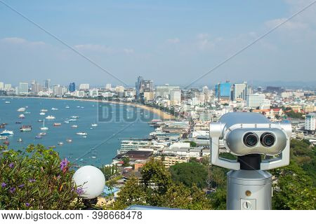 Binocular Or Telescope Locate On Viewpoint For Support Traveler Use Looking For View Of Pattaya City