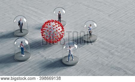 Coronavirus Covid19 Protection - Isolated People Under Glass Cover - Social Distancing Concept. 3d I