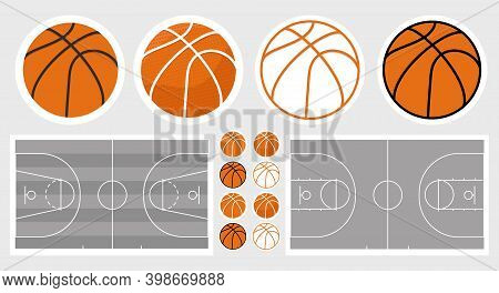 Basketball Field And Ball Set. Basketball Stickers Set. Isolated Objects. Elements For Design And We