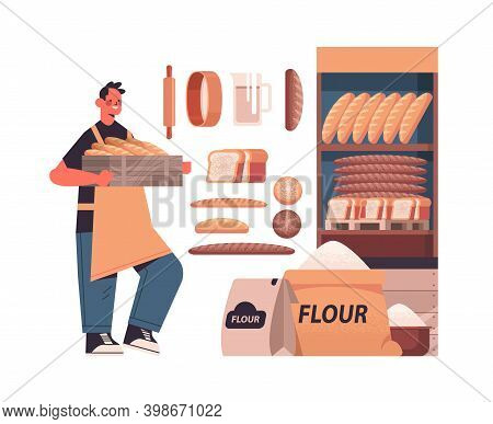Male Baker In Uniform Holding Baguettes Different Bakery Pastry Products Baking Concept Full Length 