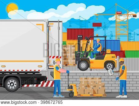 Forklift Loading Pallet Boxes Into Truck. Warehouseman With Checklist. Electric Uploader Loading Car