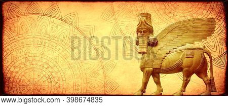 Grunge background with paper texture, zentangle mandala pattern and lamassu - human-headed winged bull statue, Assyrian protective deity. Copy space for text. Mock up template