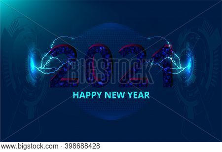 2021 Year. Technology 2021 Year In Digital Technology Style And Lightning Shine On Blue Background, 