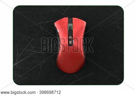 Used Metal Red Gaming Mouse With Scratches On Professional Pad Isolated On White Background Blackgro
