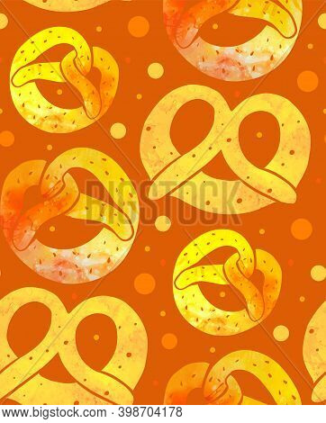 Seamless Pattern Of Watercolor Bavarian Pretzel With Splash Treat And Spots On Brown Background. Bak