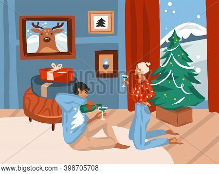 Hand Drawn Vector Abstract Fun Stock Flat Merry Christmas, And Happy New Year Cartoon Festive Card W