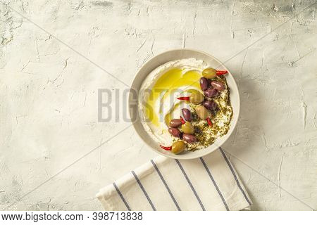 Popular Middle Eastern Appetizer Labneh Or Labaneh, Soft White Goat Milk Cheese With Olive Oil, Hyss