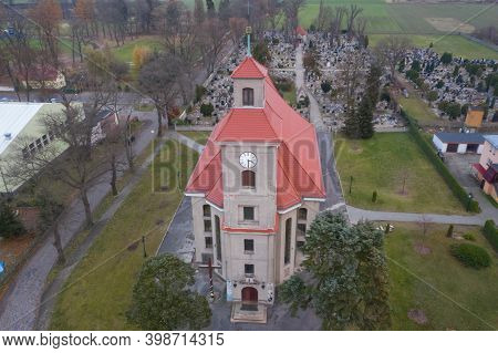 Iłowa, Town In Poland, Parish Church, View From The Drone.\niłowa, A Small Town In Western Poland. T