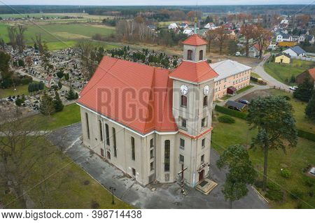 Iłowa, Town In Poland, Parish Church, View From The Drone.\niłowa, A Small Town In Western Poland. T